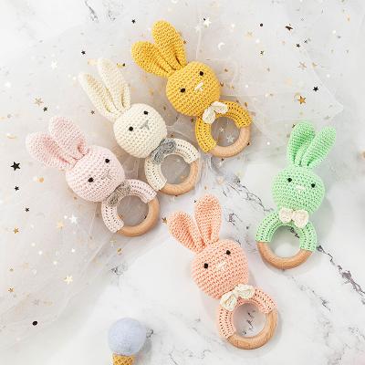 China Toy Natural Safety Handmade Soft Teething Crochet Bunny Wood Baby Rattle Wooden Rabbit Set Teether Sensory Toys for sale