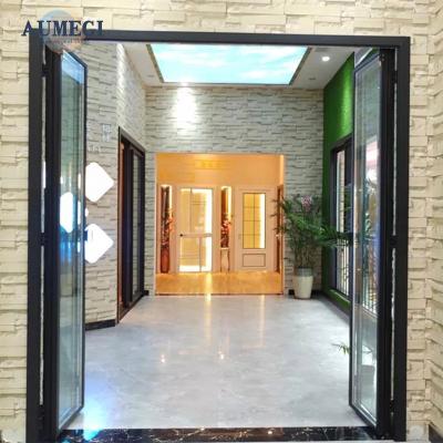 China Sound Insulation Aumegi Export Quality Tempered Glass Interior Bathroom Door Folding Bifold Doors for sale