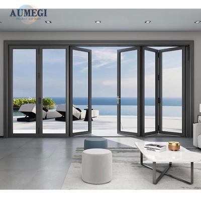 China Sound Insulation Aumegi Oem Service Soundproof Interior Black Folding Door Bifold Doors for sale