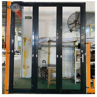 China Sound Insulation Aumegi Discounted Prices Safe Exterior Patio Doors Folding Door Aluminum Exterior Bifold Doors for sale