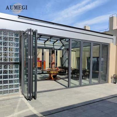 China Sound Insulation Aumegi Made in China Safe Double Glazing Aluminum Exterior Bi Folding Door Double Glazed Bifold Doors for sale