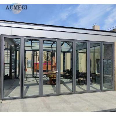 China Sound Insulation Aumegi Brand New Design Tempered Glass Exterior Bi Folding Door Steel Aluminum Bifold Glass Doors for sale