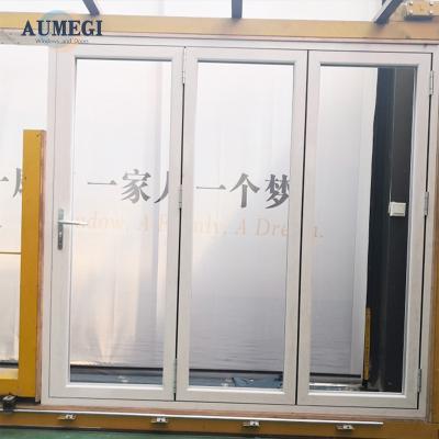 China Sound Insulation Aumegi Bulk Order Frosted Glass Aluminum Alloy Sliding Folding Door Exterior Bi Folding Bifold Door Glass Doors for sale