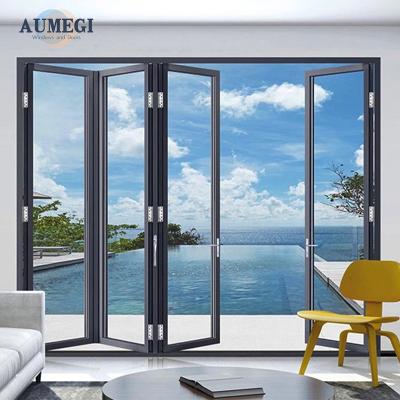 China Sound Insulation Aumegi Hurricane proof Double Glazing Folding Doors Exterior Accordion Patio Folding Door Bifold Aluminium Doors for sale