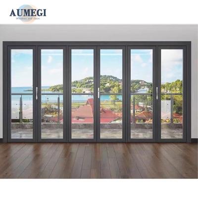 China Sound Insulation Aumegi Living Room Double Glazing Aluminum Folding Door Bifold Doors Interior Bi folding Doors for sale