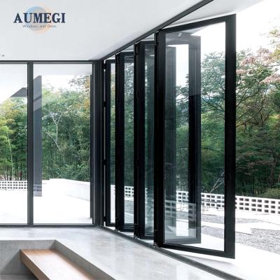 China Sound Insulation Aumegi Export Quality Low-E Glass Windproof Folding Sliding Interior Bifold Door for sale