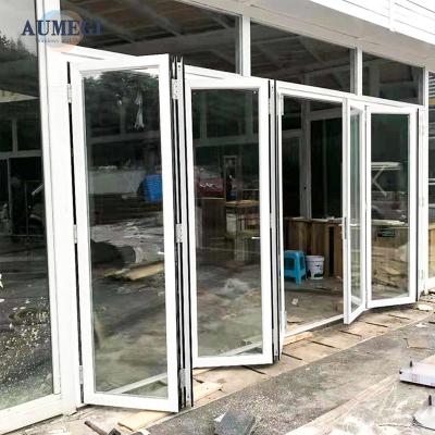 China Sound Insulation Aumegi Modern Style Frosted Glass White Folding Door Bifold Interior Doors for sale