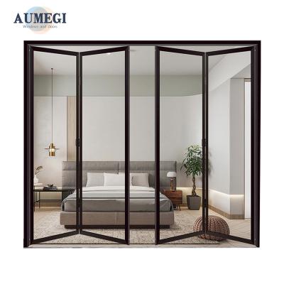 China Sound Insulation Aumegi Design Thermal Insulation Sliding Folding Glass Interior Slim Frame Bifold Door for sale