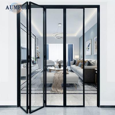 China Sound Insulation Aumegi Best Selling Frosted Glass Slim Frame Accordion Folding Interior Bifold Door for sale