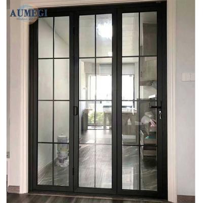 China Sound Insulation Aumegi Oem Service Slim Frame Aluminum Folding Door Bifold Doors Interior Aluminum Folding Door With Grilles for sale