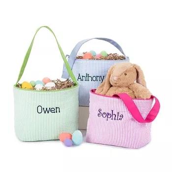 China Wholesale Vevlet Storage Egg Bucket Monogrammed Bag Personalized Cotton Seersucker Bunny Easter Basket for sale