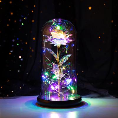 China Artificial PVC Valentine's Day Gifts Enchanted Rose Gold Foil Rose Led Lamp 24k in Glass Dome Decorative Flowers with Lights for sale