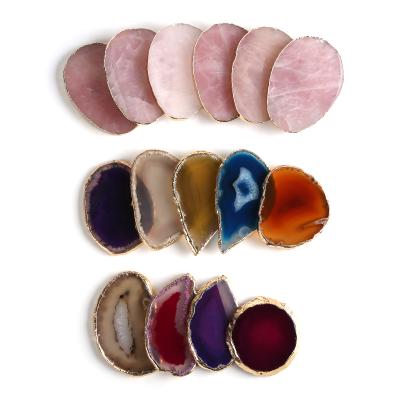 China China Natural Polished Crystal Agate Slices, Different Sizes Stone Slices With Gold Rim, Lettering Agate Coaster For Gift for sale