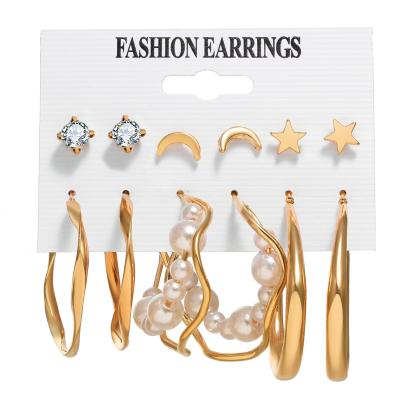 China Wholesale Trendy Women's Jewelry Drop Earring Vintage Gold Geometric Earring Metal Trendy Punk Earring Dangle Pearl Earring Set for sale