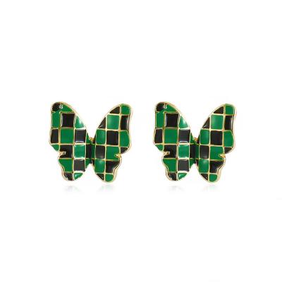 China 2022 New Africa Trendy 18K Gold Plated Grid Butterfly Earrings Green Enamel Black White Square Mosaic Butterfly Stud Earrings for sale