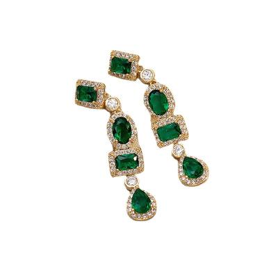 China Africa 18k Gold Plated 925 Silver Post Long Geometric Oval Teardrop Emerald Earrings Green Square Crystal Dangle Earrings for sale