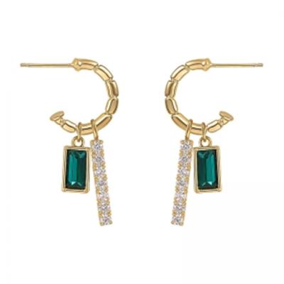 China Africa 18K Gold Plated C Shaped Zircon Bar Drop Earrings Long Rectangle Emerald Dangle Hoop Earrings for sale