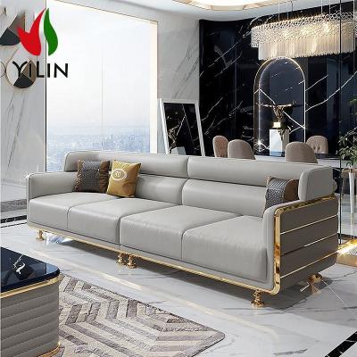 China Mid Century Leather Sofa Sets Sofa Living Room Sofa Sets A5509 Stainless Steel Long Sectional Couch With Full Leather Lounge Chair for sale