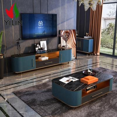 China Modern Italian Living Room Furniture Stainless Steel Metal Morden Table Marble TV Stand Coffee Table Set for sale