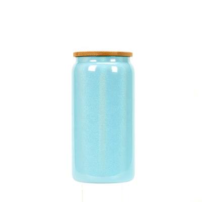 China 2023 new arrival 16oz sublimation gradient stocked glass can with glitter include bamboo lids and plastic straws for sale