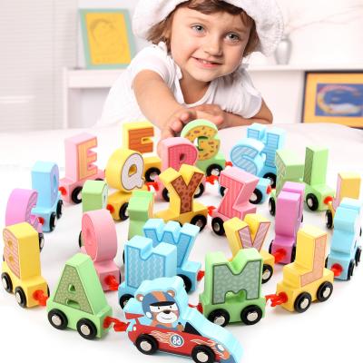 China Early Educational Handmade Wooden Bead Couple Letter Couples Education DIY Building Blocks Toys Digital Train Threading Bead Puzzle for sale