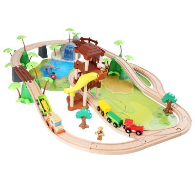 China Early Educational Slot Toy 107 Pcs Train Track Set Learn Science Knowledge Wooden Railway Set for sale