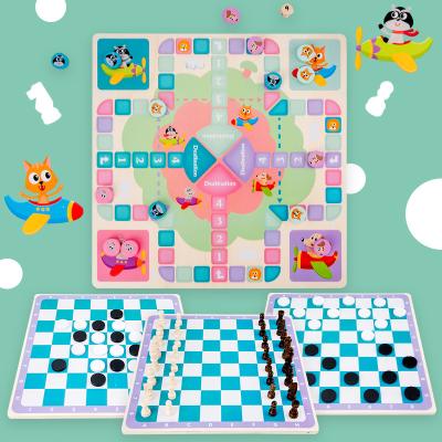 China Wooden Montessori Four-in-One Chess Family Game Chess Board Toy Natural Wooden Board Flying Board Porcelain 30.5*30.5*4.5cm for sale