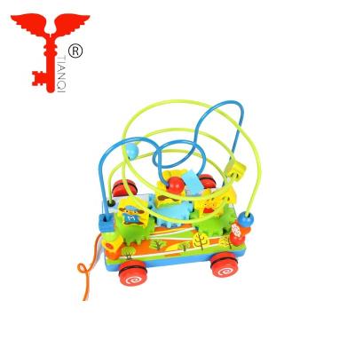 China Cute Animal Circles Wooden Bead Activity Maze Toy Baby Pull Along Car 21*17.5*24cm for sale