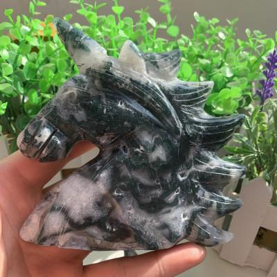 China China Wholesale Hand Carved Natural Moss Agate Unicorn Clear Healing Crystal Cluster Unicorn For Home Decoration for sale