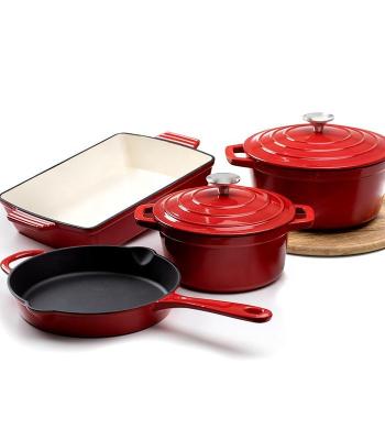 China Sustainable Hot Sale Enamel Coated Cast Iron Kitchenware Cooking Pot Cookware Set for sale