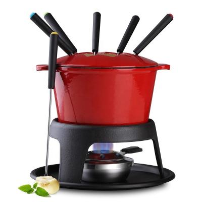 China China Viable Factory Wholesale Cheap Enamel Melting Fondue Pots Set Cheese Crucible Fondue With 6pcs Forks for sale