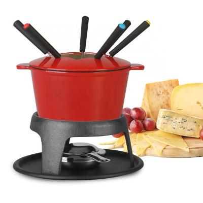 China Viable White Ceramic Cast Iron Crucible Chocolate Fondue Set Cheese Butter Crucible Set With 6pcs Forks for sale