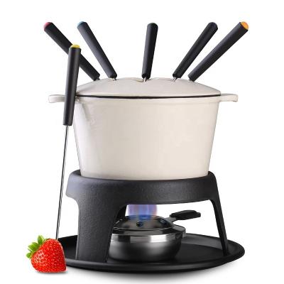 China Cheap Viable Chinese Enamel Melting Cheese Fondue Pots Chocolate Fondue Hot Pot Set With 6pcs Forks for sale