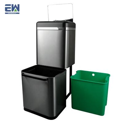 China EW Sustainable Household Use Indoor Garbage Storage Recycling Bins With Wheels And Hand Pressing Pop Up Lid Metal Recycle Bin for sale