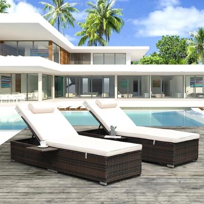 China Modern Outdoor PE Wicker Lounge Chair - 2 Piece Patio Brown Rattan Extended Chair Furniture Set Beach Pool Adjustable Back for sale