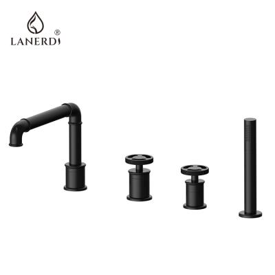 China Without Slide Bar Lanerdi 4 Pcs Four Hole Matte Black UPC Deck Mounted Brass Tub Faucet for sale