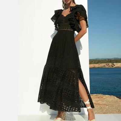 China Breathable Hepburn Style Solid Color Swing Dress Big Crochet Flower Cavity Lace Square Neck Flight Sleeve Slit Dress 2021 Summer Long for sale