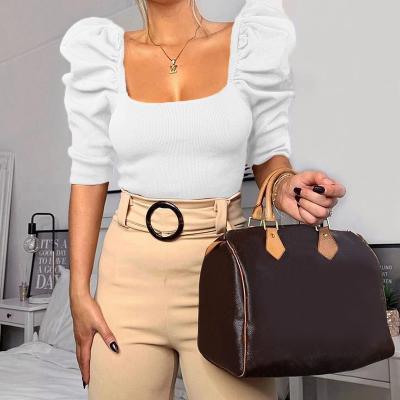 China Breathable Breathable Sleeve Tops Vintage Female Square Thin Square Korean Style Wear Women Elegant Neck T-shirt Crop Top for sale