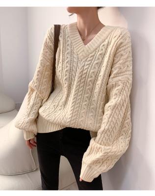 China Waterproof 2021 Autumn And Winter New V-neck Loose French Twist Chunky Twist Women'S All-match Simple Top Knitwear For Ladies for sale