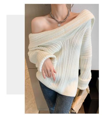 China 2021 Slanted Shoulder Sweater Women Sense Waterproof Pullover Design Fallwinter Draped Loose Style Ribbed Lazy Outer Wear Sweater Women for sale