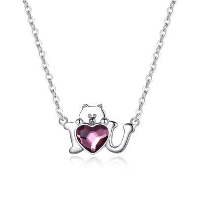 China Designer Cute Bear Pink Crystal Necklace Blue 925 Sterling Silver Jewelry Women 2021 High Quality RINNTIN SWN13 for sale