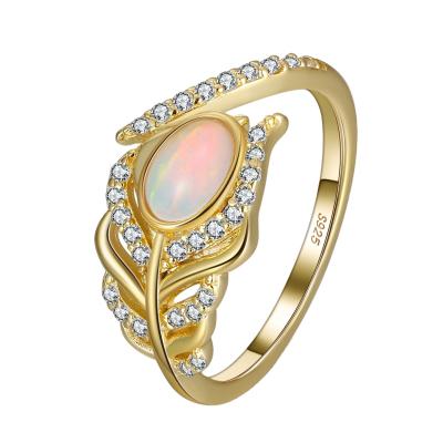 China RINNTIN GMR01 Romantic Feather Wedding Rings 925 Sterling Silver Jewelry Handmade Genuine Natural Opal Gemstone Ring For Women for sale