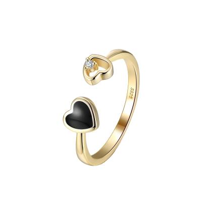 China RINNTIN EQR04 Enamel Fashion Black/Red Heart Shape Rings Jewelry Hot Selling Korean Jewelry 925 Sterling Silver Black Enamel Adjustment Gold Rings for sale