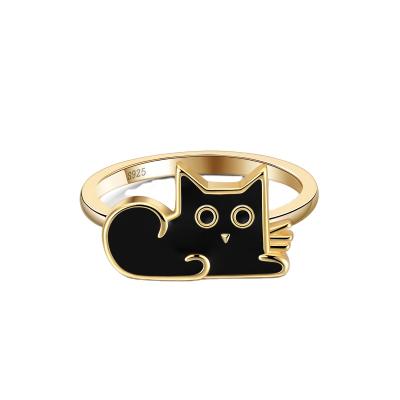 China Hot Jewelry Cute Black Cat Ring 925 Sterling Silver 14K Gold Plated Cat Finger Designer Rings Fashion Selling RINNTIN EQR06 2021 Cute for sale