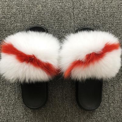 China Fashion trend customized wholesale fluffy fur slides women real fox fur logo slippers high quality fur slides for sale