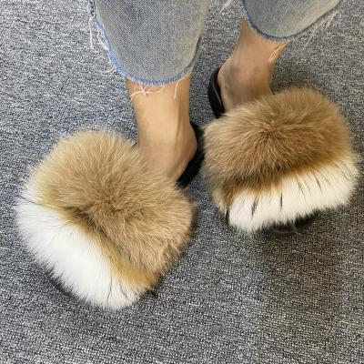 China Fashion Trend 2021 Summer Shoes Big Real Fox Fur Slides High Quality PVC Sole Ladies Fox Fur Wholesale Fluffy Luxury Slippers for sale