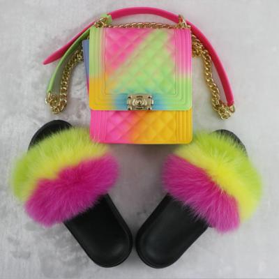 China 2021 fashion trend summer rainbow women handbags jelly bag and fox fur sandals set colorful fashion cross body bag PVC jelly purse for girls for sale