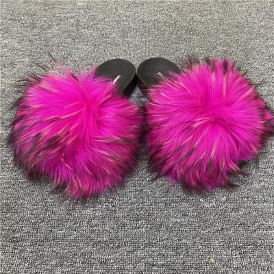 China Wholesale new fashion hot pink raccoon fur slippers high quality and hot sale fur sandals fashion trend slides slippers fur slides for sale