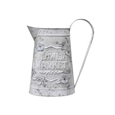 China White Relief Art Water Jug Retro Farmhouse Style Tin Rack Plant Planting Kettle Garden Decoration for sale