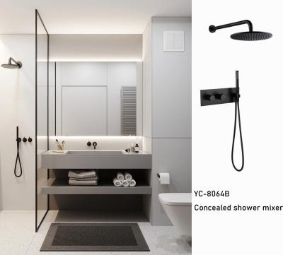 China Venetio Matte Black Round Wall Mounted Thermostatic Rainfall Shower Mixer Taps for sale